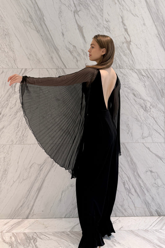 Black velvet leotard with corrugated wings