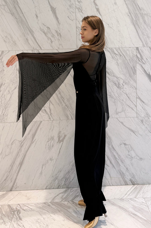 Black velvet leotard with net wings