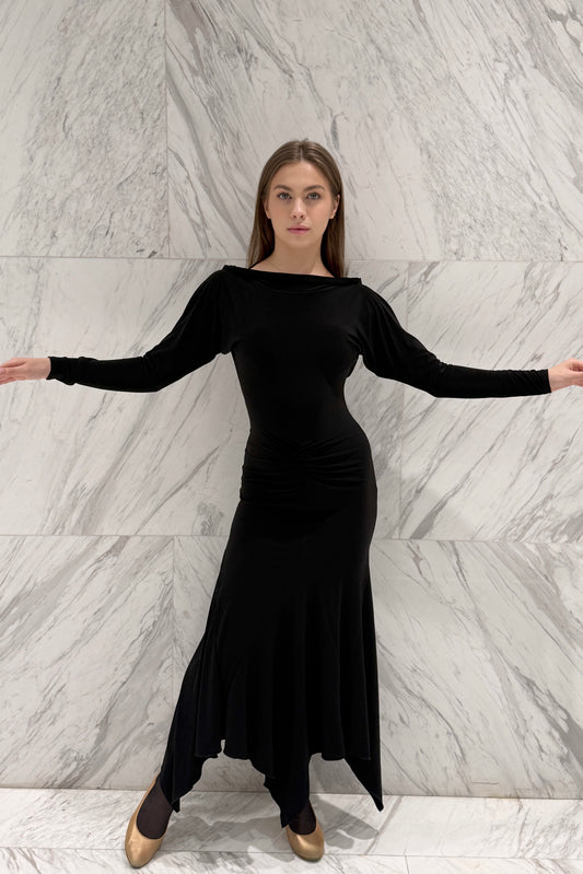 Black biflex ballroom dress with voluminous sleeves and an asymmetrical skirt