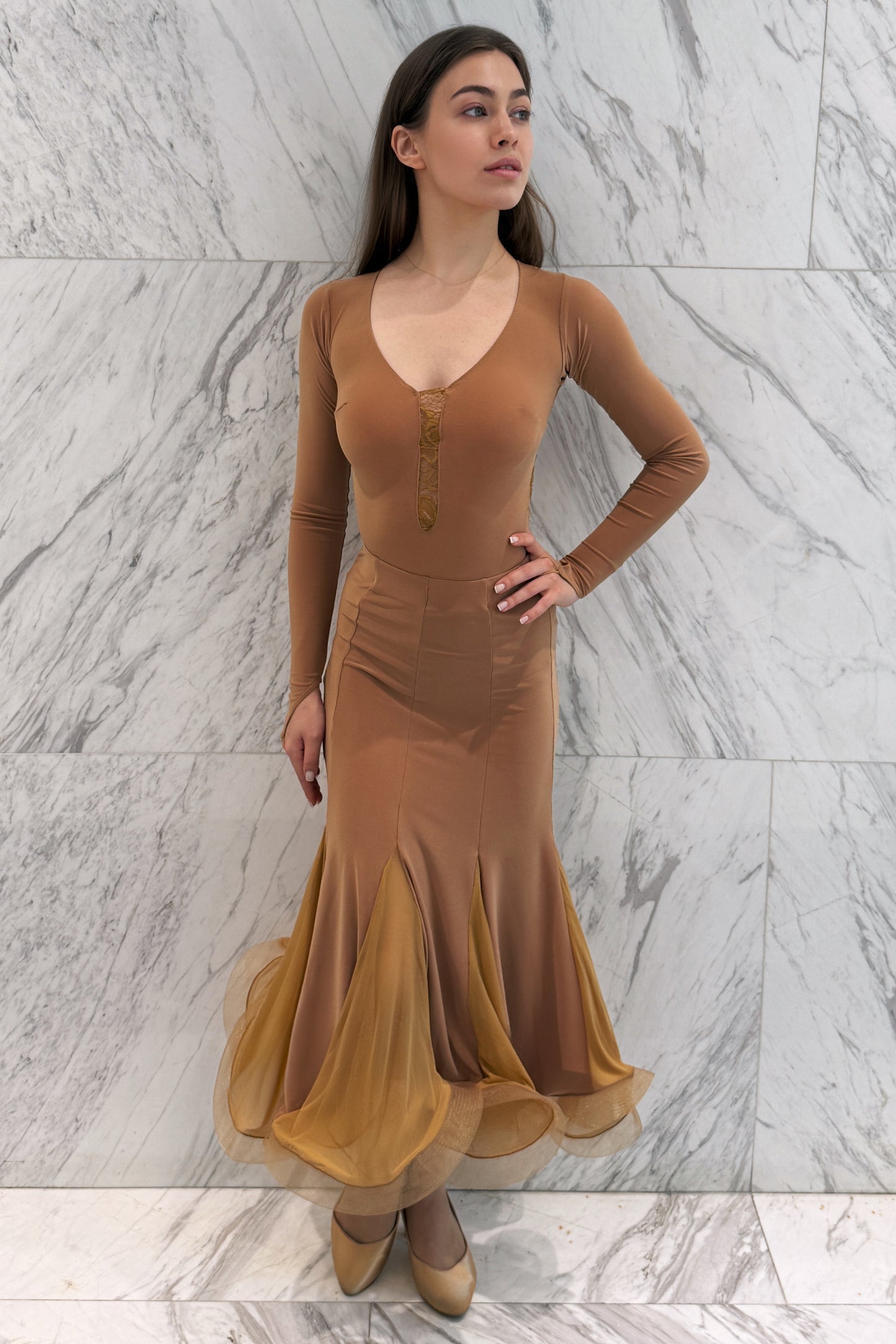Backless camel color leotard