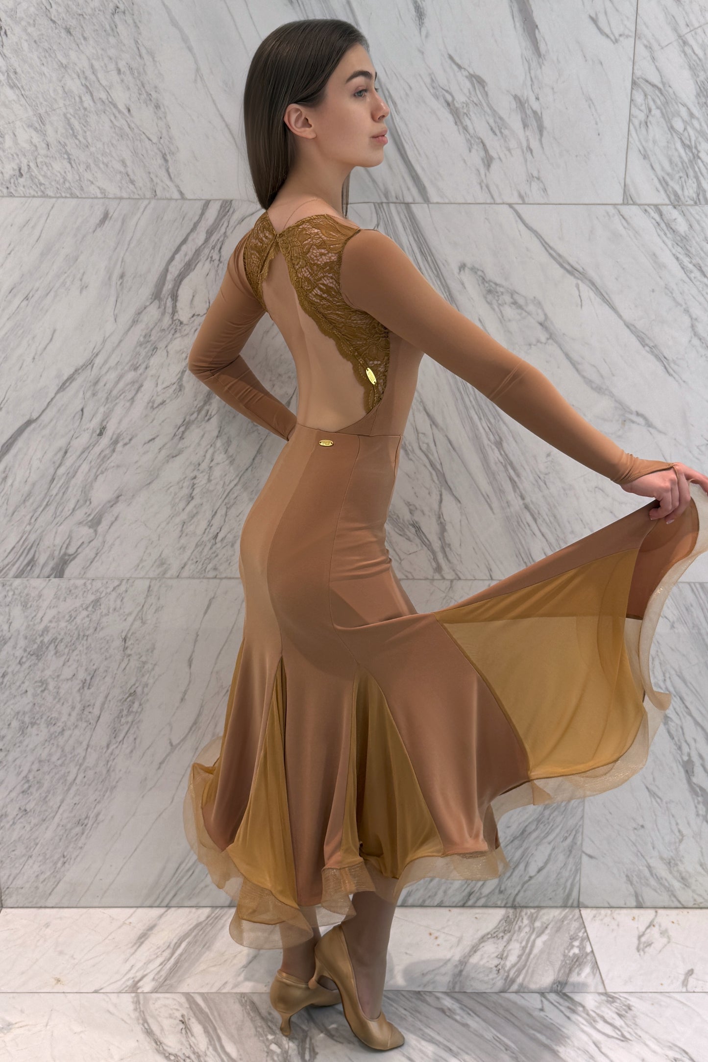 Backless camel color leotard